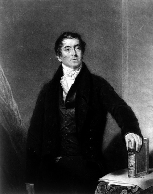 Portrait of George Birkbeck, 3/4 length standing with bound "History of Mechanic's Institute, MSS" in hand , on table, by Henry Dawe after Samuel Lane, proof impression Iconographic 