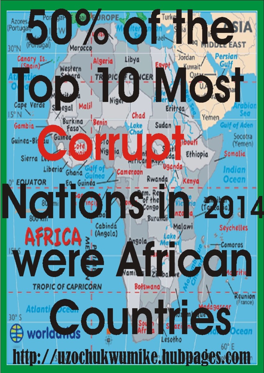 Five African countries made it in the top ten most corrupt nations in the world in the year 2014. The background of the picture is designed using map of Africa. The red color used to design the word "corruption" is a sign that corruption is bad. 