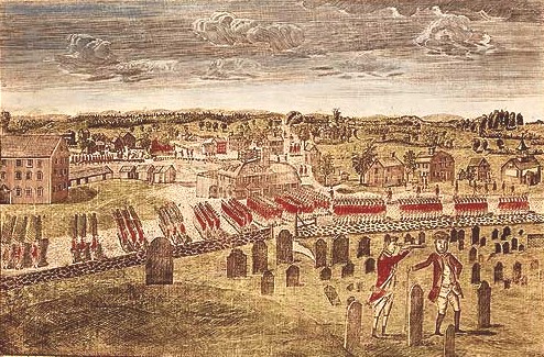 Engraving by Amos Doolittle from 1775, depicting the British entering Concord