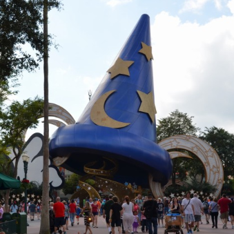 The iconic Sorcerer's Hat that attracted visitors down a 1930's-era Hollywood Blvd at Disney's Hollywood Studios. The hat was dismantled in January 2015. The studios hosts The Osborne Family Spectacle Of Dancing Lights during the holidays.