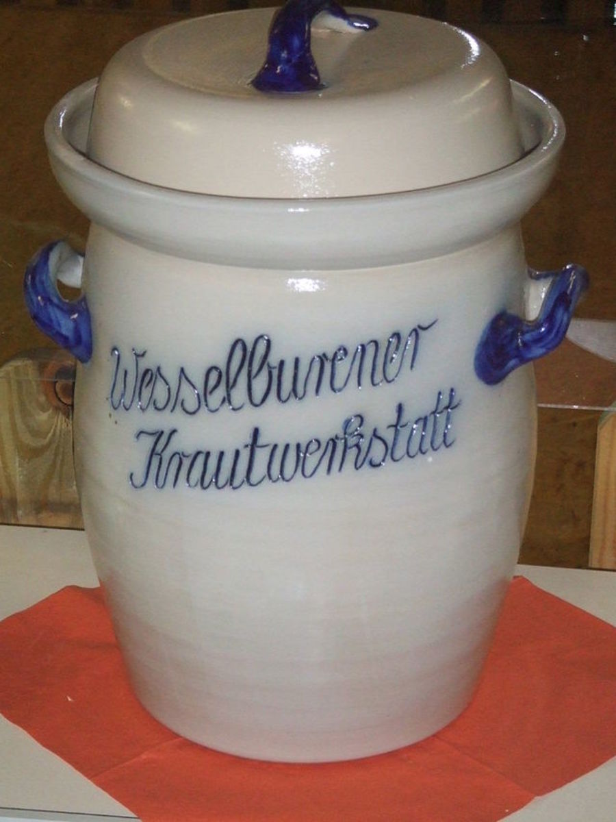 Sauerkraut is often fermented in jars or crocks such as the traditional crock shown here.