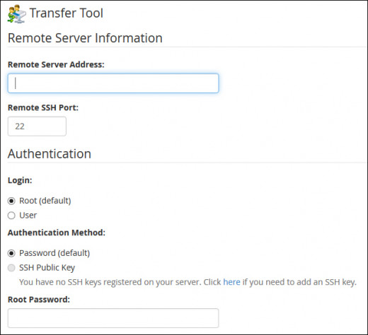 Above: cPanel's "Transfer Tool" page, with options.