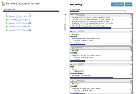 Above: This is what you'll see when cPanel migrates accounts from your old server to the new one.