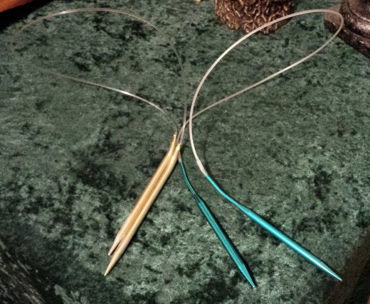 Two of my circular needles. Again, they're not used as often as my straight needles, but they're very useful for large projects and hats.