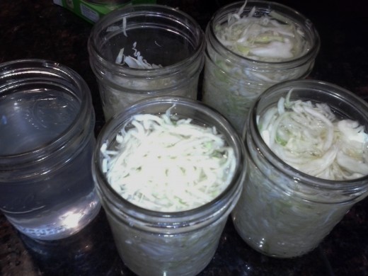 Figure 1-6. Fill jars. Often times there will be extra as shown by the half full jar. As the kraut ferments, it will compact; and the extra can be used to top off jars before processing. I also mix extra brine and keep in a jar to use as needed.