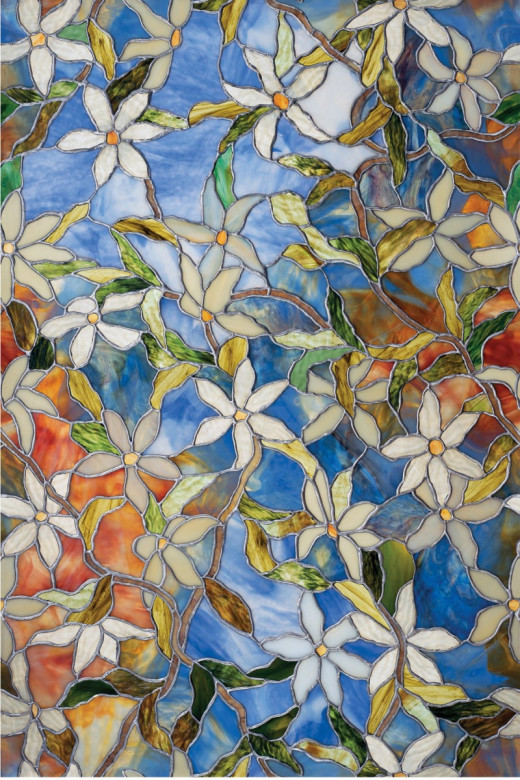 Clematis flower pattern window film in stained-glass style.