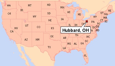 Hubbard, Ohio shown on a U.S.A. map