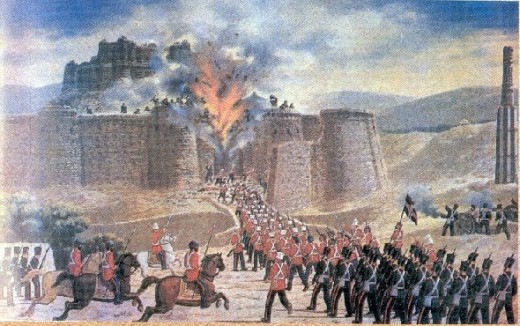 A British-Indian force attacks the Ghazni fort during the First Afghan War, 1839. Source Wikimedia Commons
