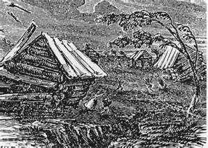 Woodcut of damage from New Madrid Earthquakes 1811 - 1812