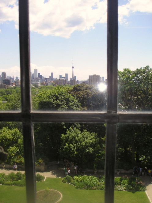 View from Casa Loma (C. N. Tower, from 3rd Floor of Casa Loma), 1 Austin Terrace, Toronto, Ontario, Canada.