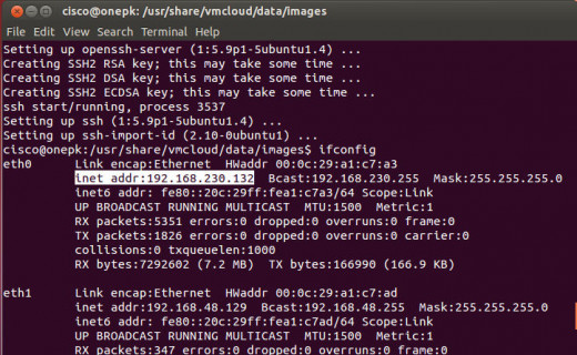 And this is a screen shot of the output from the "ifconfig" command.  Here, I've scrolled up to find "eth0", and the ip-address of this Ubuntu machine