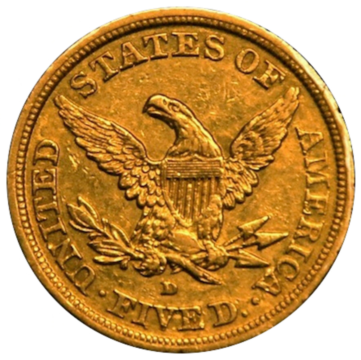 A gold half eagle minted at Dahlonega, Georgia.