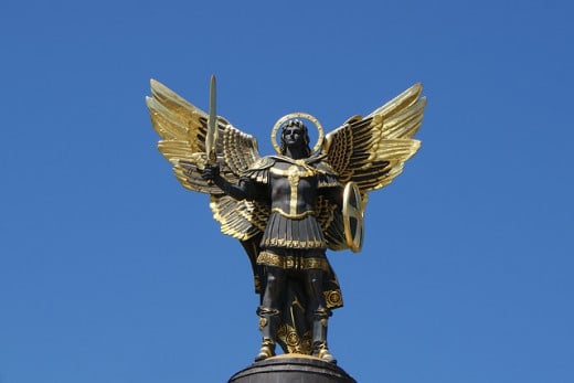 Archangel Michael, warring angel atop a building in Ukraine.