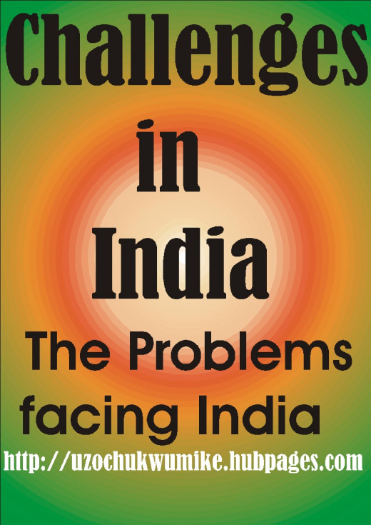 The challenges or problems in India. The issues in India. The picture Illustrates the challenges facing Federal Republic of India. 