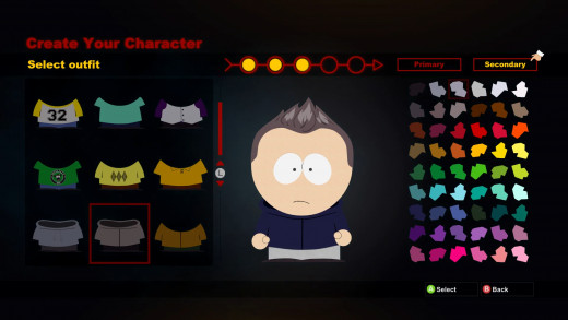 The character customization screen. Make your own South Park character.