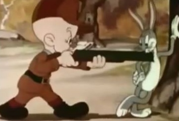 Bugs Bunny and Elmer Fudd in a scene from Tex Avery's THE WILD HARE (1940).