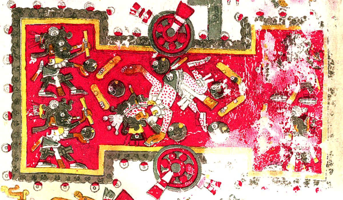 Pintura mural de un gran juego de pelota maya y cuatro jugadores.  El personaje en el centro de la cancha puede ser una deidad tribal.