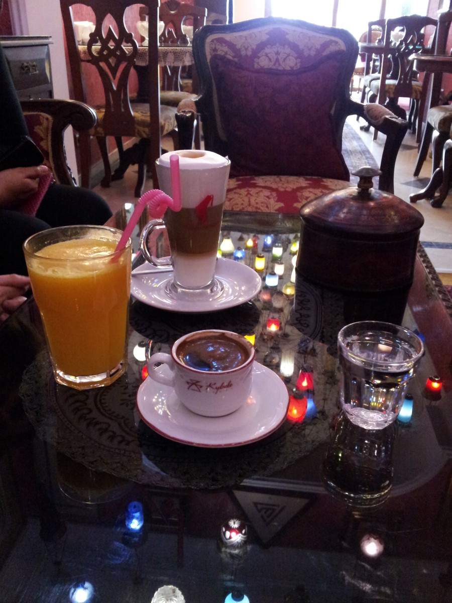 Natural squeezed orange juice, strong Turkish coffee and artistic late