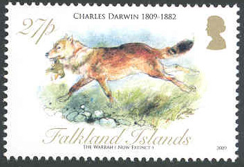 The Falkland Islands wolf was featured in a set of stamps for Darwin's bicentennial