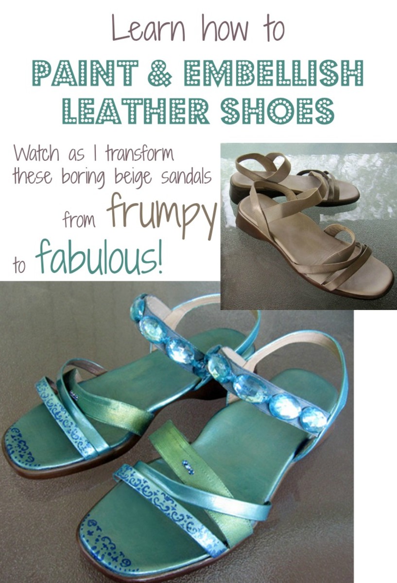 Learn how I created this fabulous fashion makeover that transformed a pair of boring beige leather comfort sandals into fashionable footwear with simple painting, stenciling and embellishing techniques.