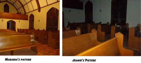 These pictures were taken the same time with 2 different cameras, one flash one not flash. Notice the orb is in the same pew in both pictures. A but, Dust particle, or condensation drop would not have stayed still that long to be captured by 2 camera