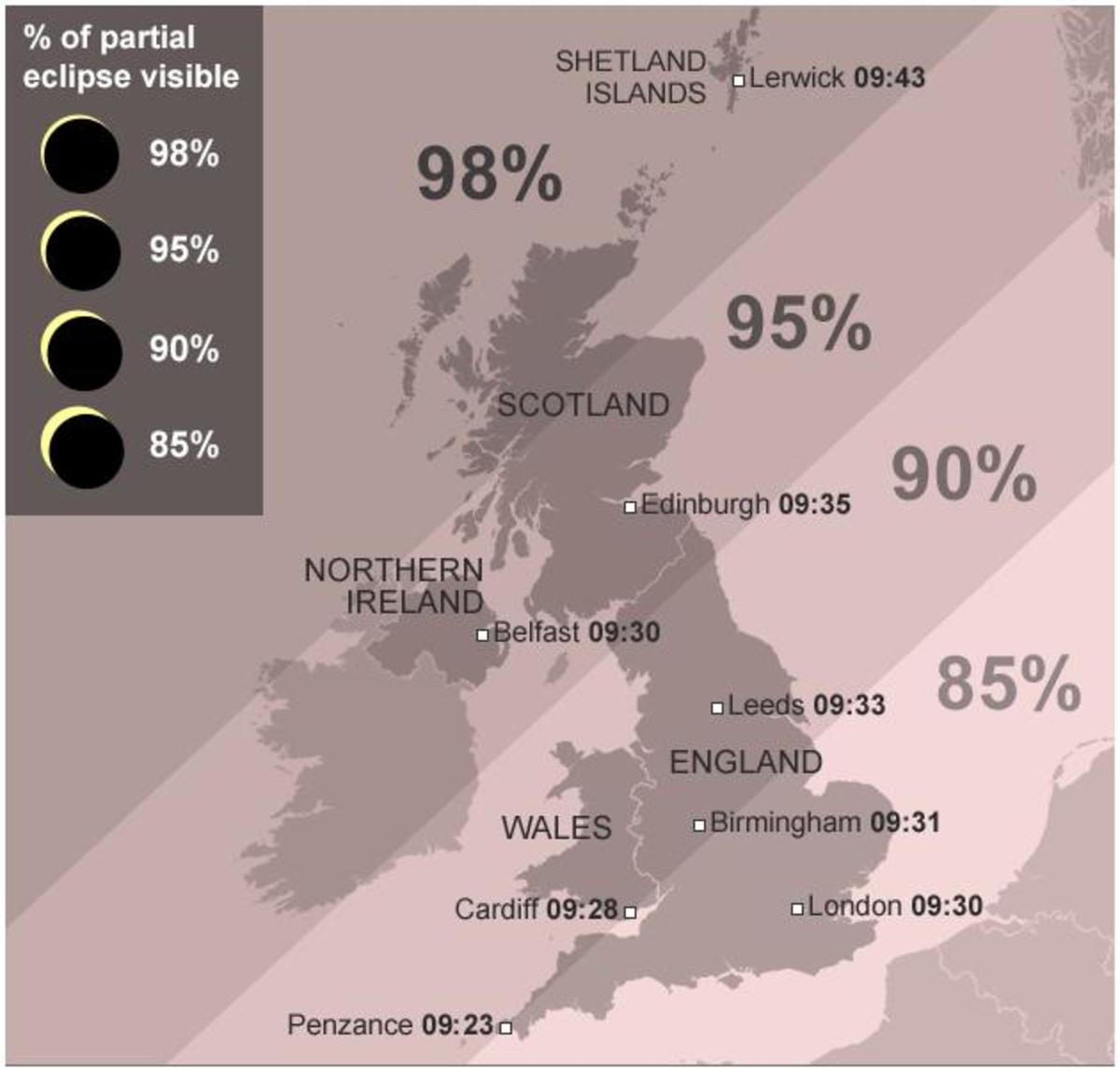 The map shows the percentage of the partial eclipse that was seen over Britain & Ireland
