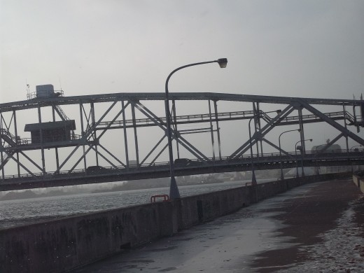 A closeup look at a bit of the center span of the Aerial Lift Bridge.