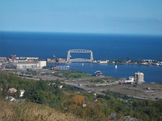 A distant view of the Aerial Lift Bridge on a summer day.