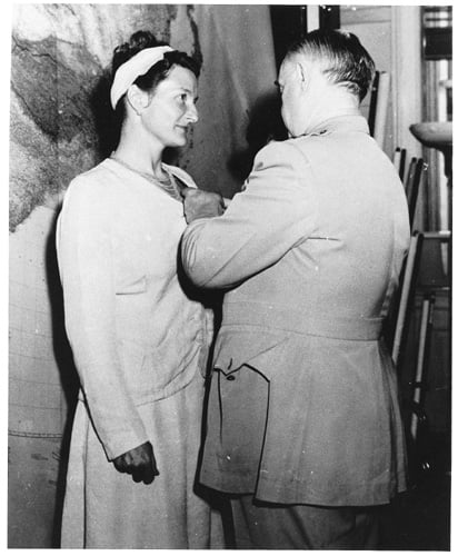 Virginia Hall Receiving the Distinguished Service Cross from General Donovan