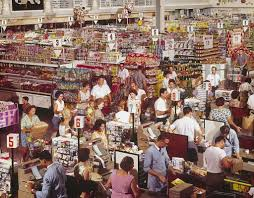 Typical supermarket scene in the 1950s and 60's