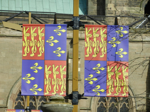 The standard of King Richard III displayed in the grounds of Leicester Cathedral.