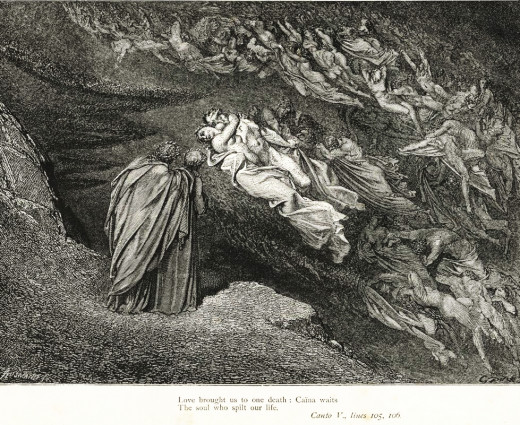 Gustave Doré's illustration to Dante's Inferno. Plate XVI: Canto V: "Love has conducted us unto one death; / Caina waiteth him who quenched our life" (Longfellow translation) - Francesca di Rimini discusses her fate with Dante and Virgil.