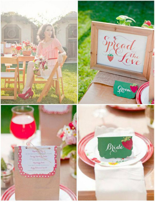 Place cards in green punctuated by a strawberry