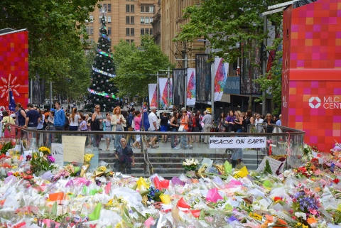 Martin Place decked out for Christmas, and also as Homage to the fallen hostages.