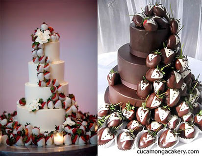 In lieu of flowers, used strawberries to create a cascading decoration on your wedding cake.