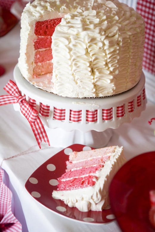 If you think you have too much strawberries in your wedding already or you just don't feel like having strawberries on your wedding cake, skip it. Go for an all-white frosting, but have the cake inside in different shades of strawberry colors.