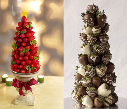 Strawberry tower using bare strawberries and punctuated with leaves, and chocolate-coated strawberries