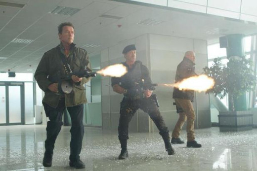 Arnold Schwarzenegger, Sylvester Stallone, and Bruce Willis in The Expendables 2