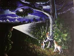 Painting of a raccoon up  a tree, dogs barking and hunter shining his carbide light on him.