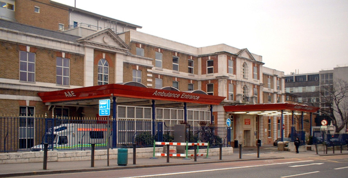 King's College Hospital, London, showing the entrance to the Casualty Department, also known as Accident and Emergency