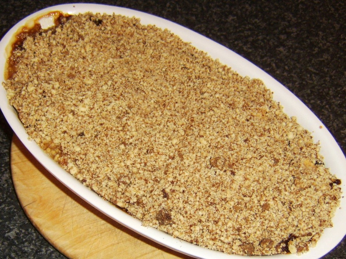 Sticky toffee crumble removed from the oven
