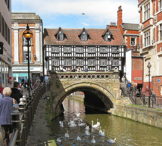 A view looking from East to West, showing the High Bridge and the Stokes Cafe building