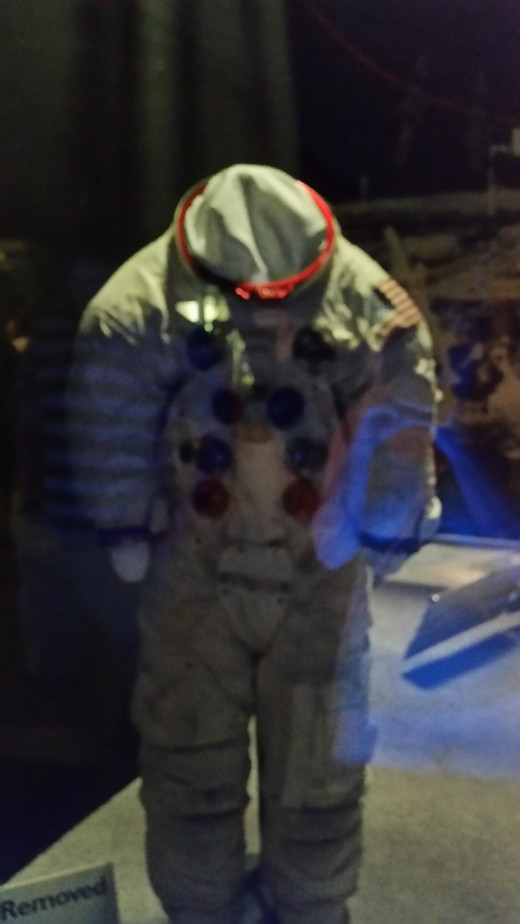 Buzz Aldrin's space suit! Buzz Aldrin was one of the first people to walk on the moon! Neil Armstrong was another one, but his suit is off exhibit for cleaning... 