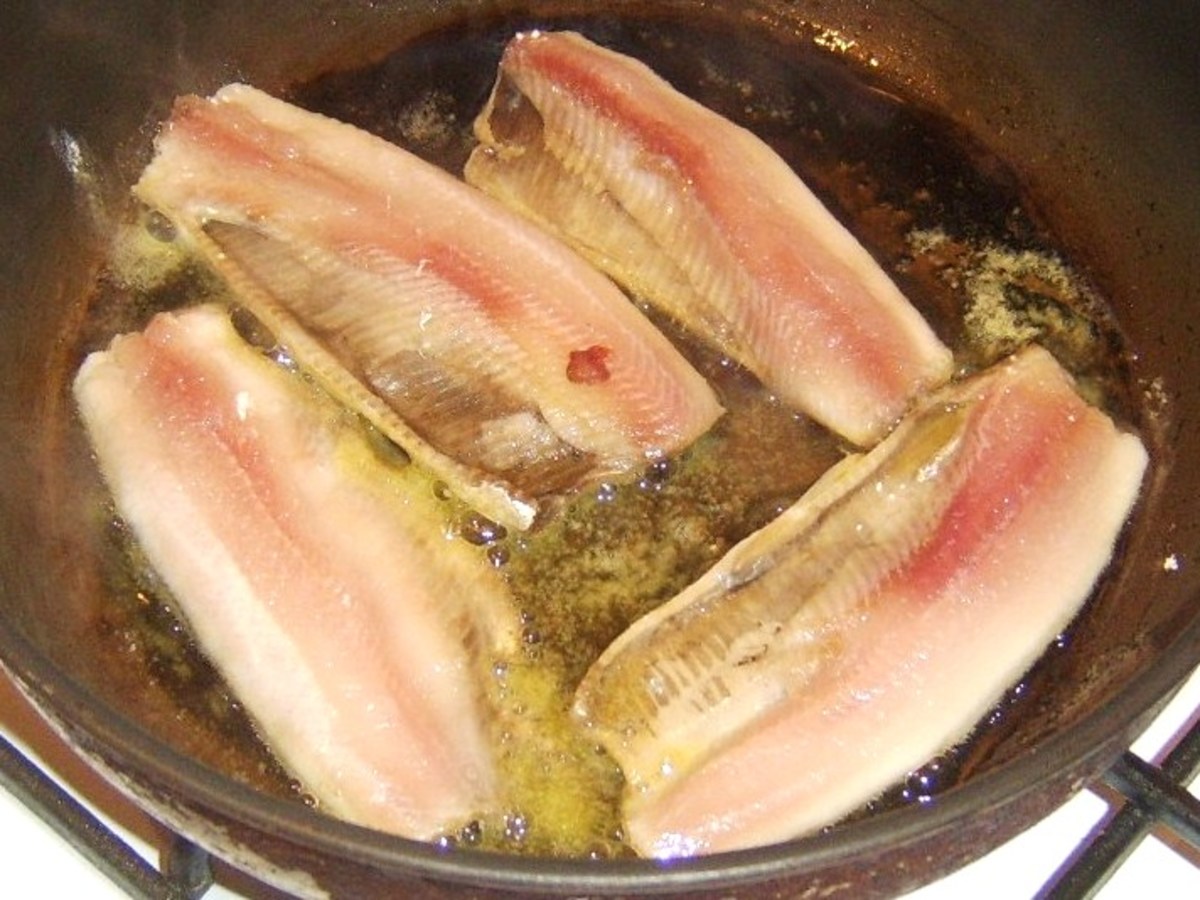 Starting to fry herring fillets in olive oil