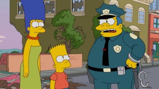 Wiggum tells Marge about the possible trouble that Bart caused. 
