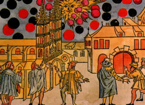 In this wood print, the artist has made what looks to be an UFO battle over the city.