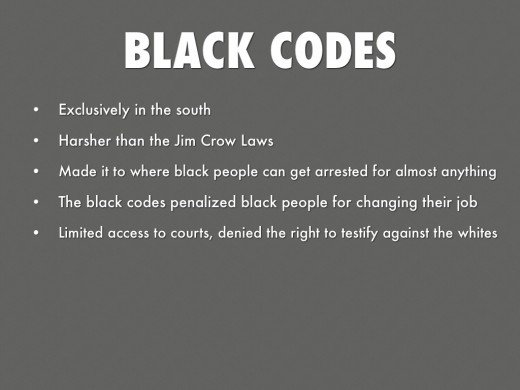 While no longer officially on any law books if you research the purpose of them and way they were carried out you'll agree that The Black Codes are still very much in play!