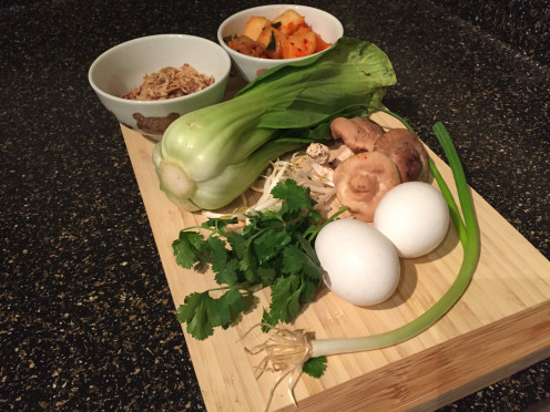 Bok Choy, Shiitake Mushrooms, Mung Bean Sprouts, Eggs, Cilantro, Green Onions.