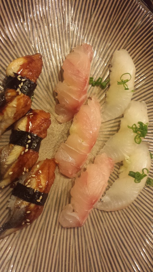 From left to right: Eel, Wild Caught Alaskan Red Snapper, and Flounder