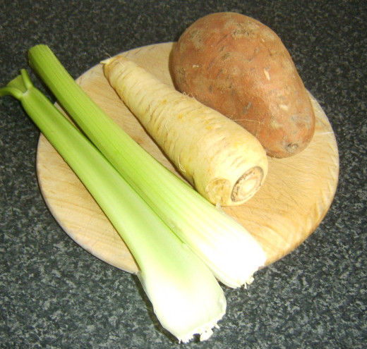 Celery, sweet potato and parsnip for soup